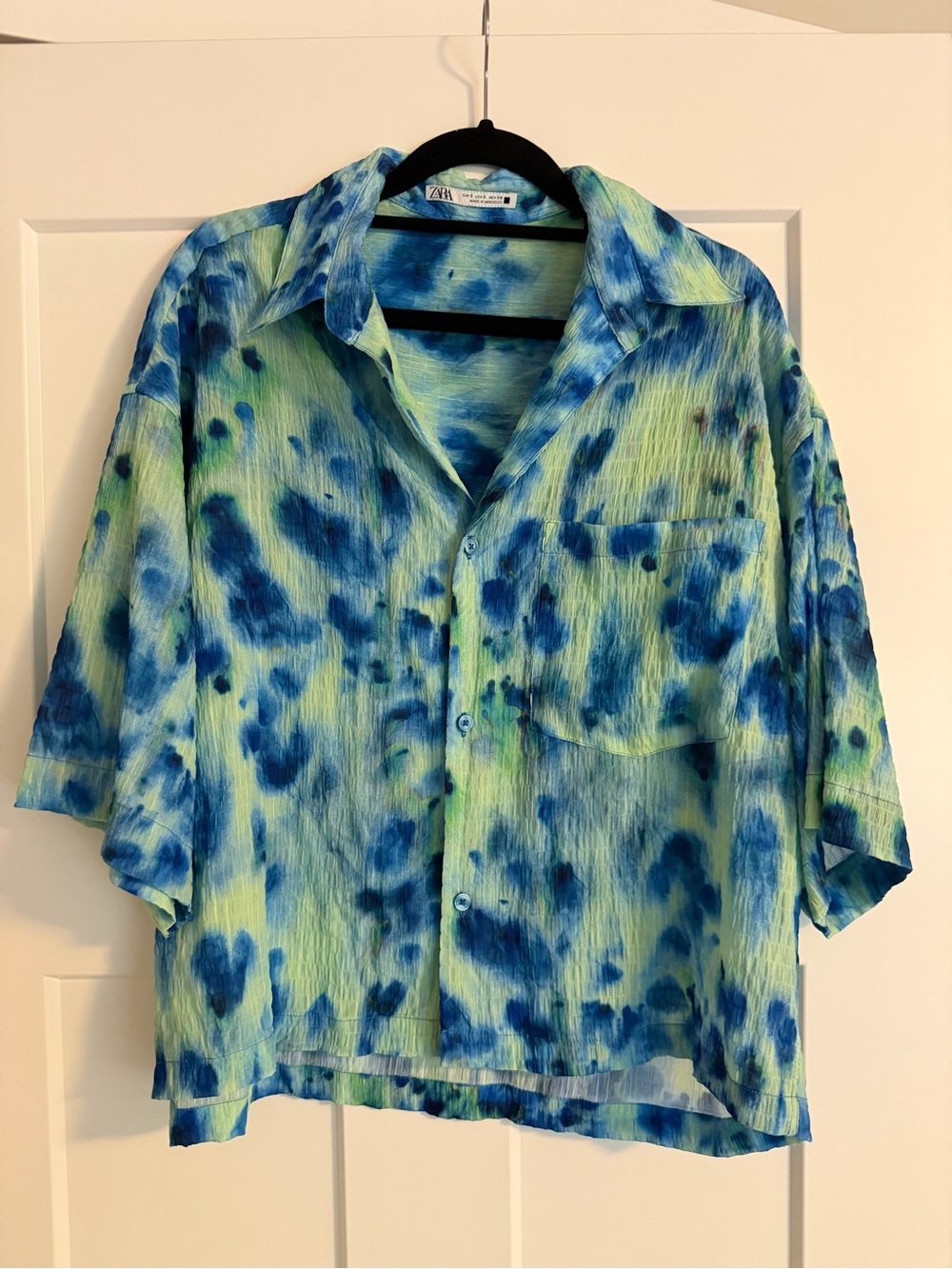 Zara Men’s Blue Green Abstract Tie Dye Camp Collar Shirt – Size S - Picture 1 of 3